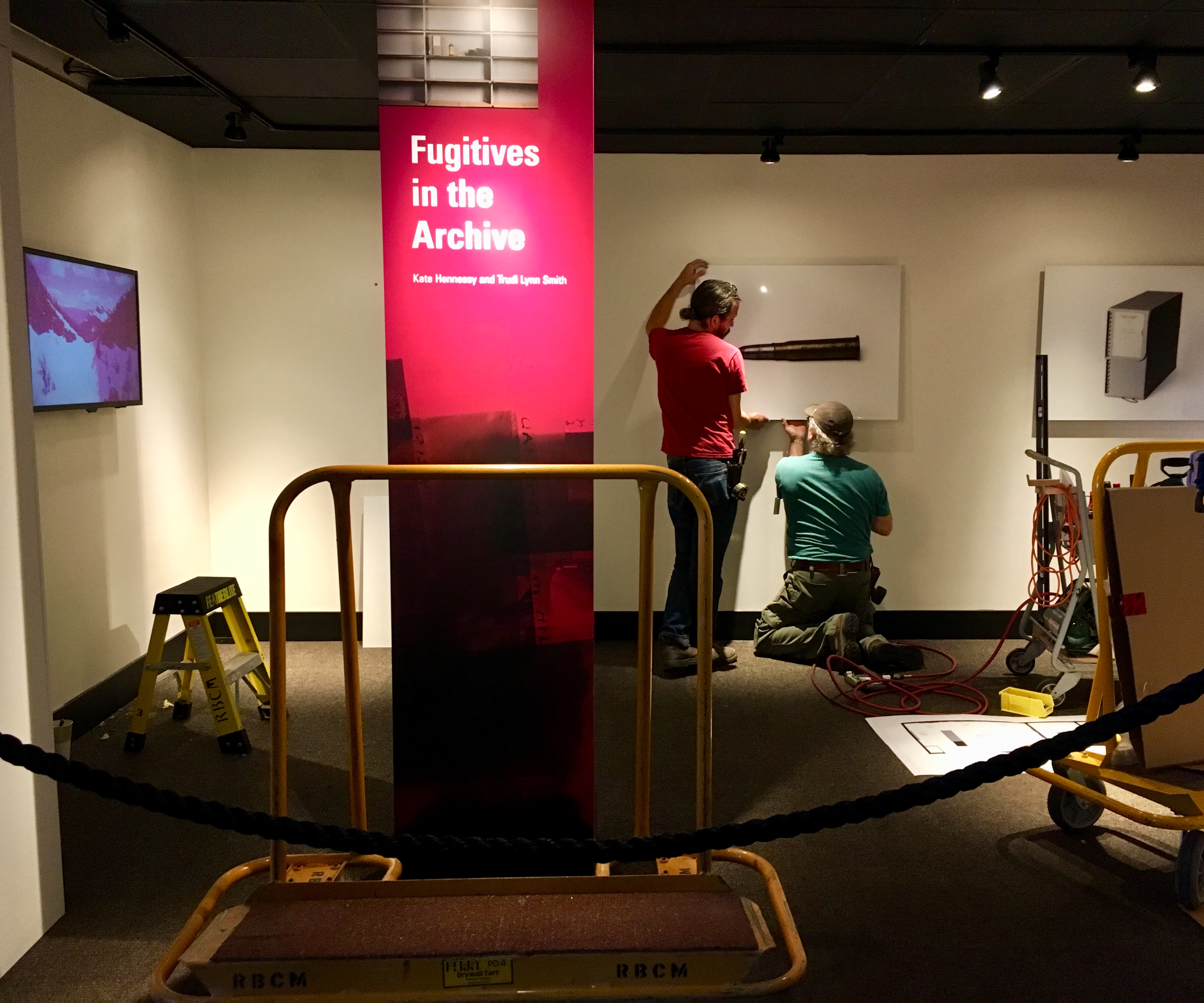 Photograph showing the installation of the exhibition Fugitives in the Archive, at the Royal BC Museum